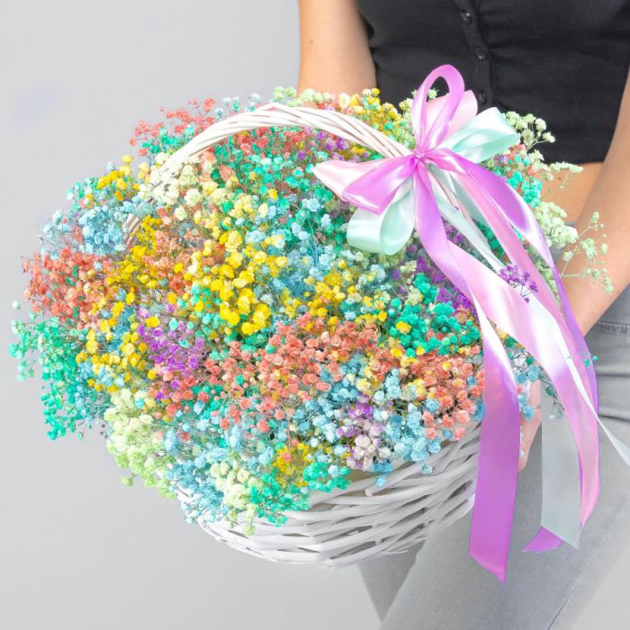 25 Multicolored Gypsophila in a basket