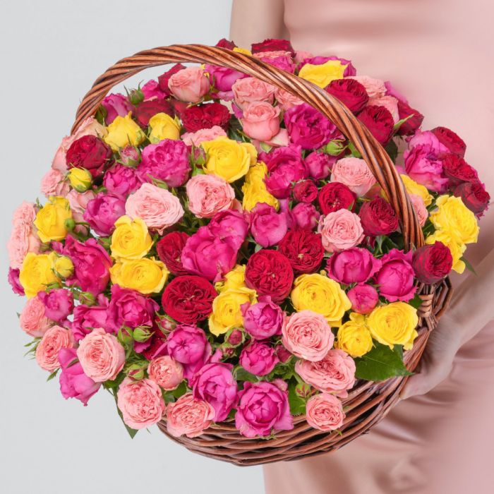 45 Bush Peony Mixed Roses in a basket