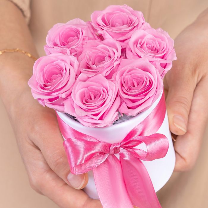 7 Stabilized Pink Roses in a box