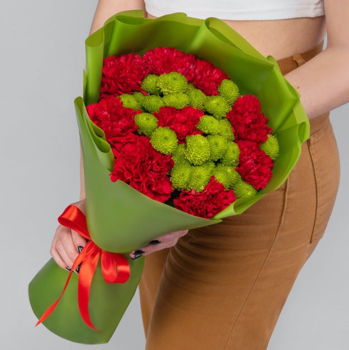 Bouquet ТCarnation Red and Scabiosa GreenУ.