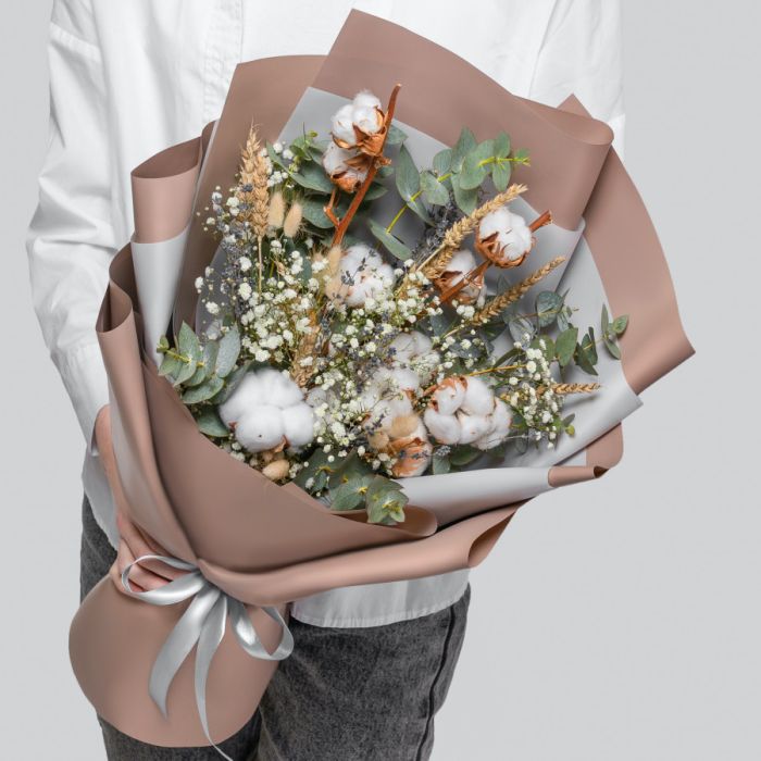 Ready bouquet #24 ТCotton, Eucalyptus, Gypsophila, Wheat, LagurusУ dried flowers