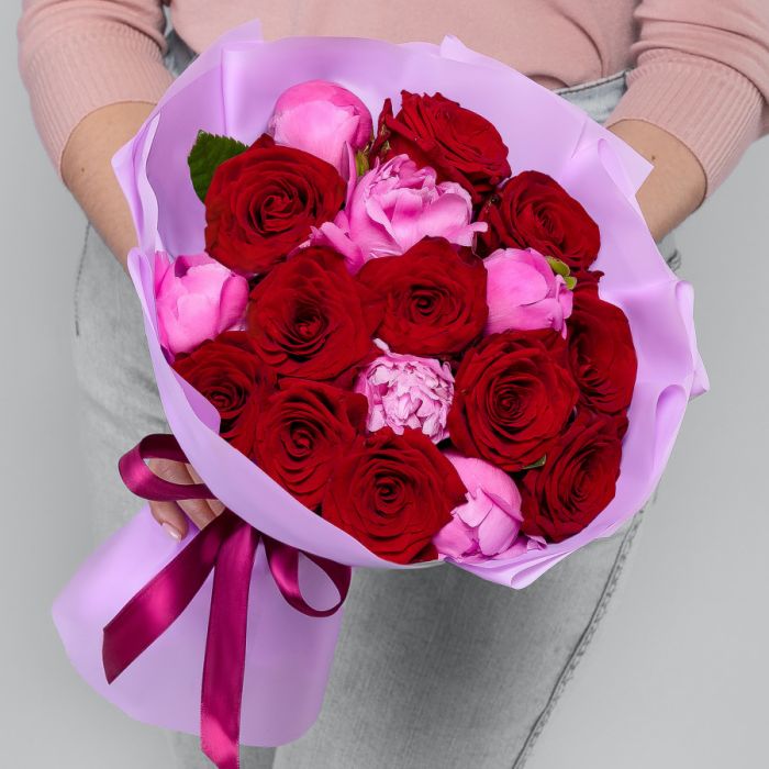 Bouquet ТRed Rose and Raspberry PeonyУ