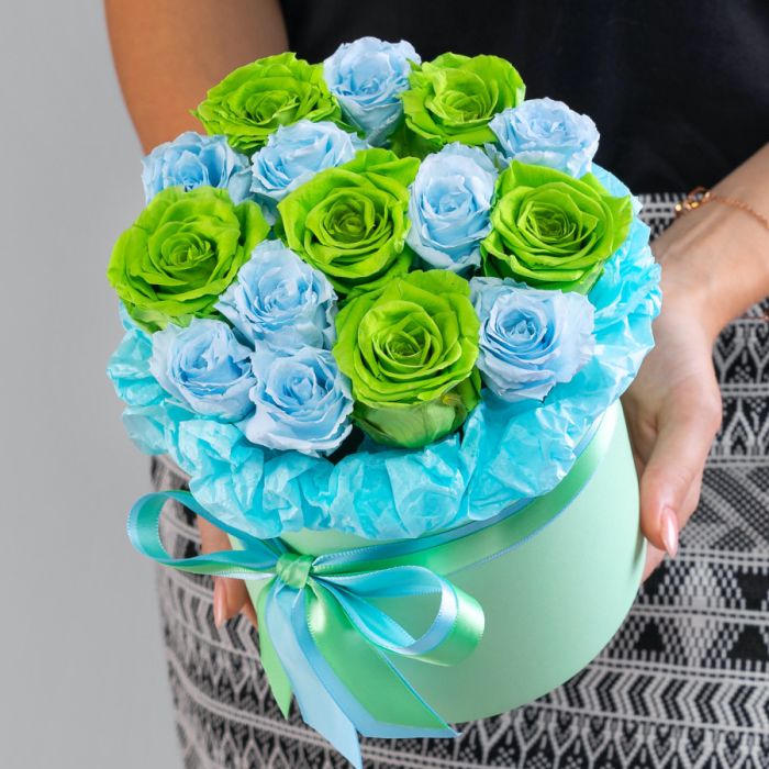 Bouquet ТGreen-Blue RoseУ in stabilized box