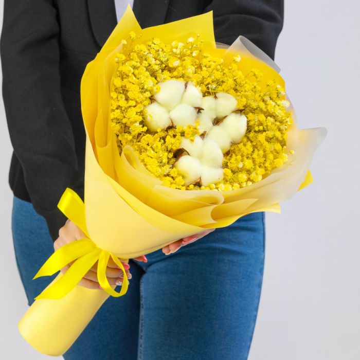 Bouquet ТGypsophila and Yellow CottonУ mini dried flowers