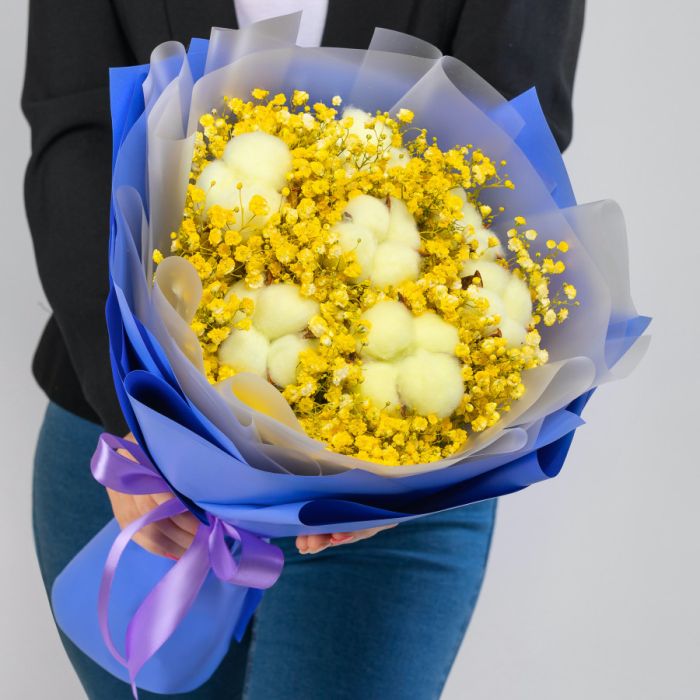 Bouquet ТGypsophila and Yellow CottonУ dried flowers