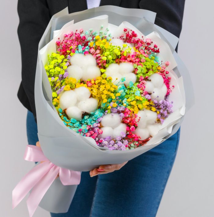 Bouquet ТRainbow Gypsophila and CottonУ dried flowers