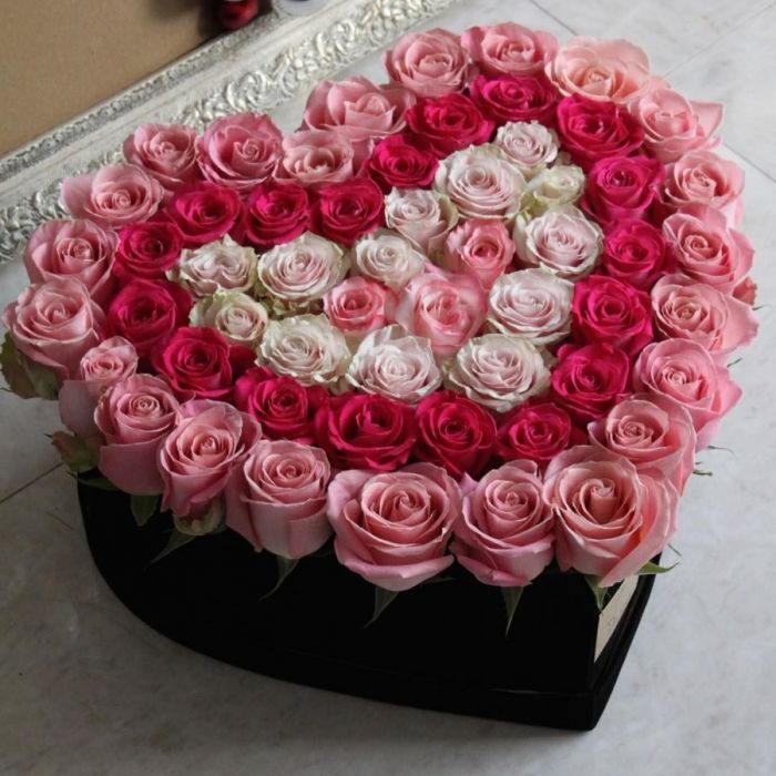 55 Mixed Roses in a heart box